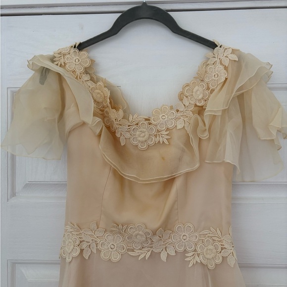 Vintage 1970s Prairie Wedding Gown – Organza Ruffles, Daisy Floral Appliqué - Picture 4 of 15